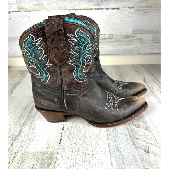 Corral Women’s 10 Brown Blue Distressed Embroidered Leather Ankle Cowboy Boots - Picture 5 of 11